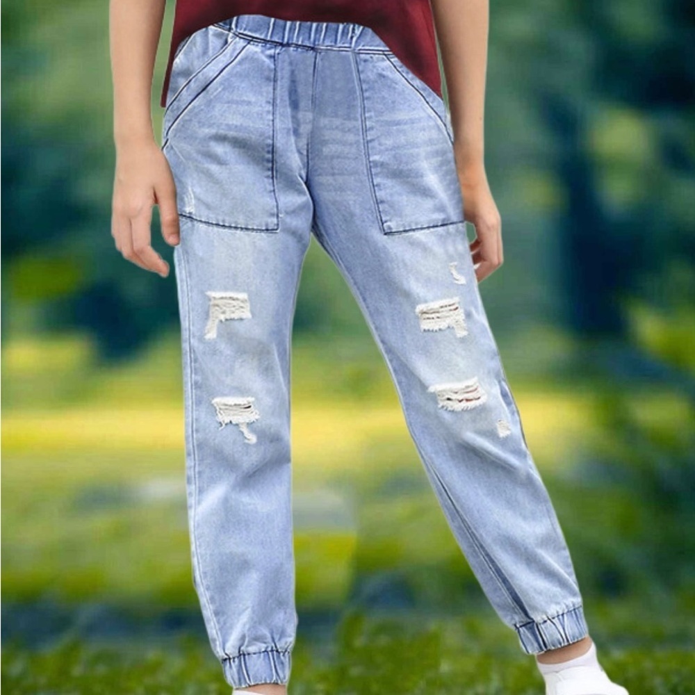 The Mini Girls Distressed Denim Joggers